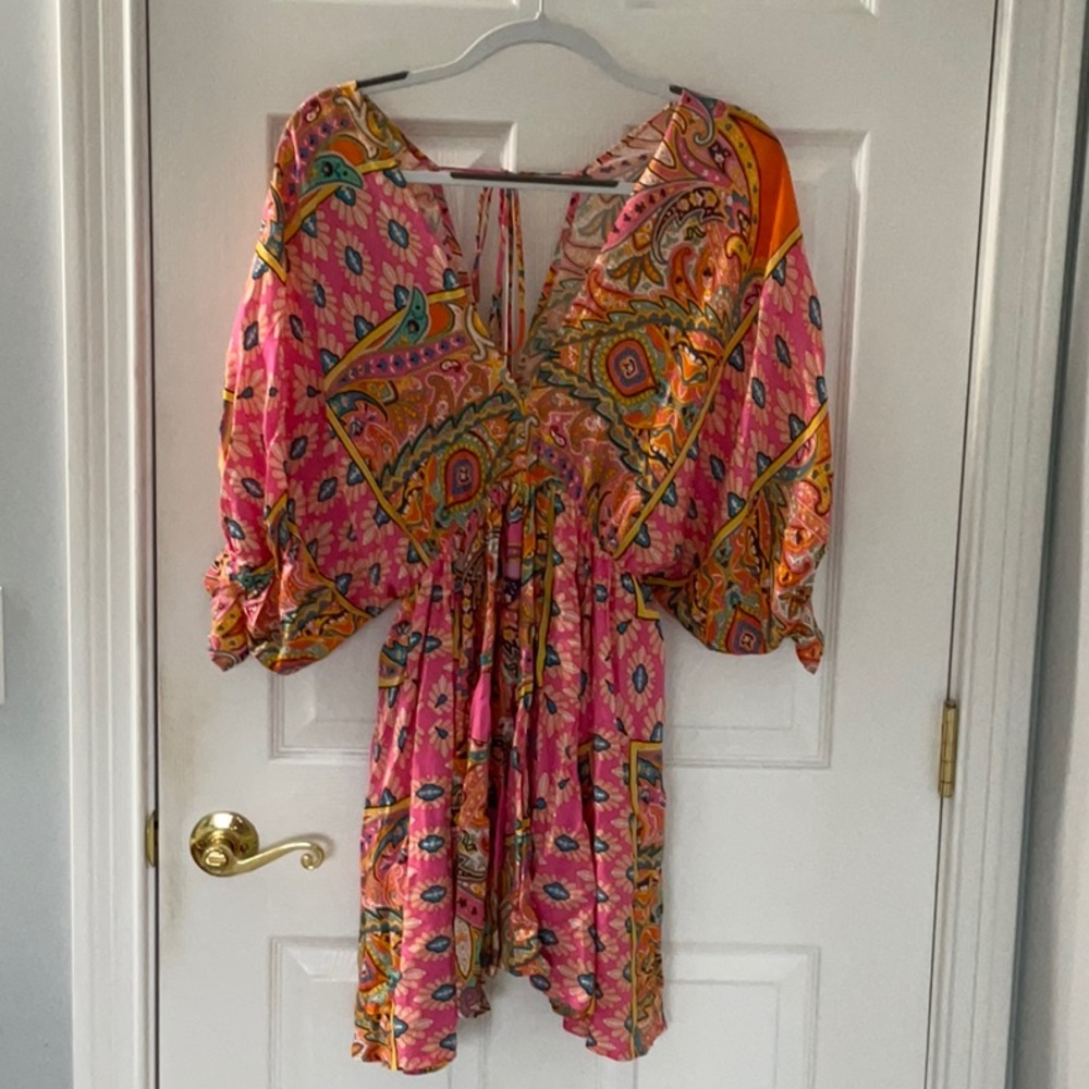 Vici Orange Pink Ruched Mini Sundress deep V Boho